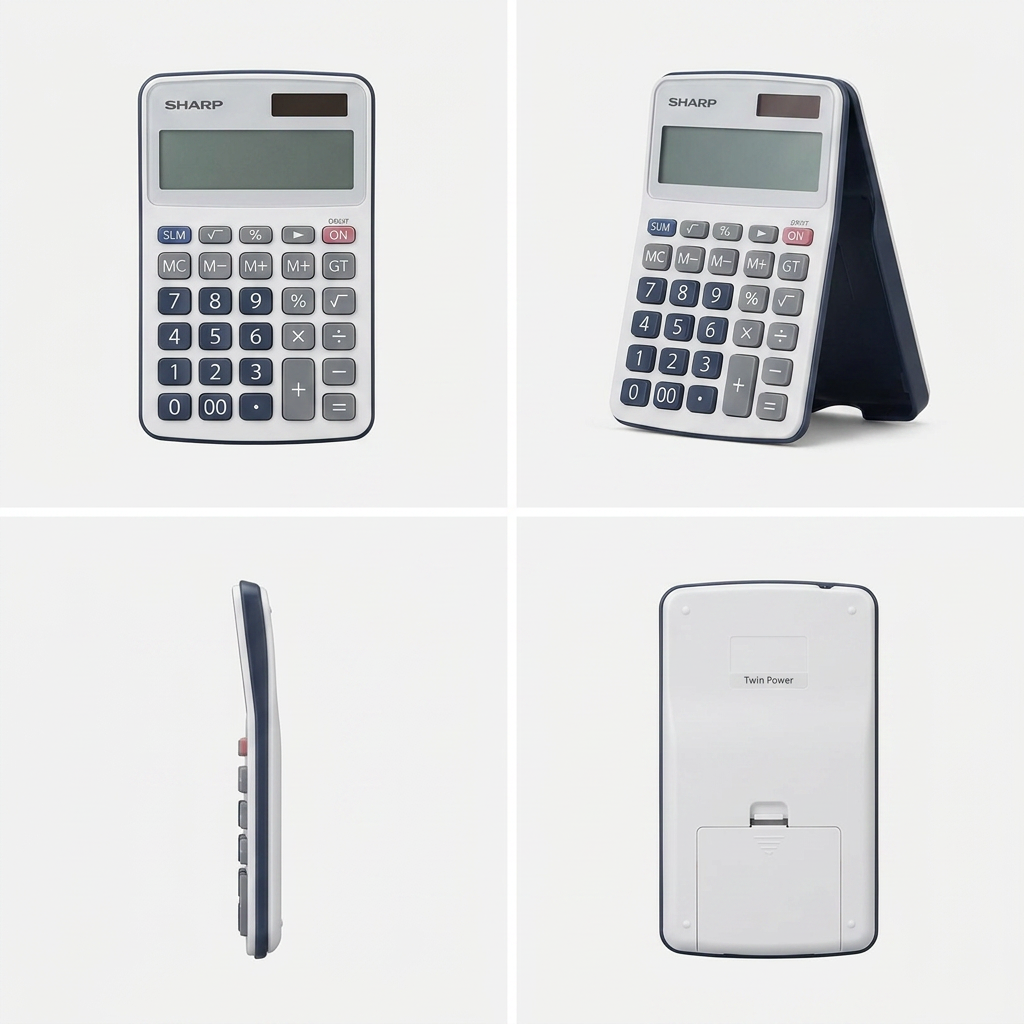 A four-panel matrix image showing different angles of the Sharp EL243S calculator, including a front view, a folded-up view, a side profile, and a rear view.