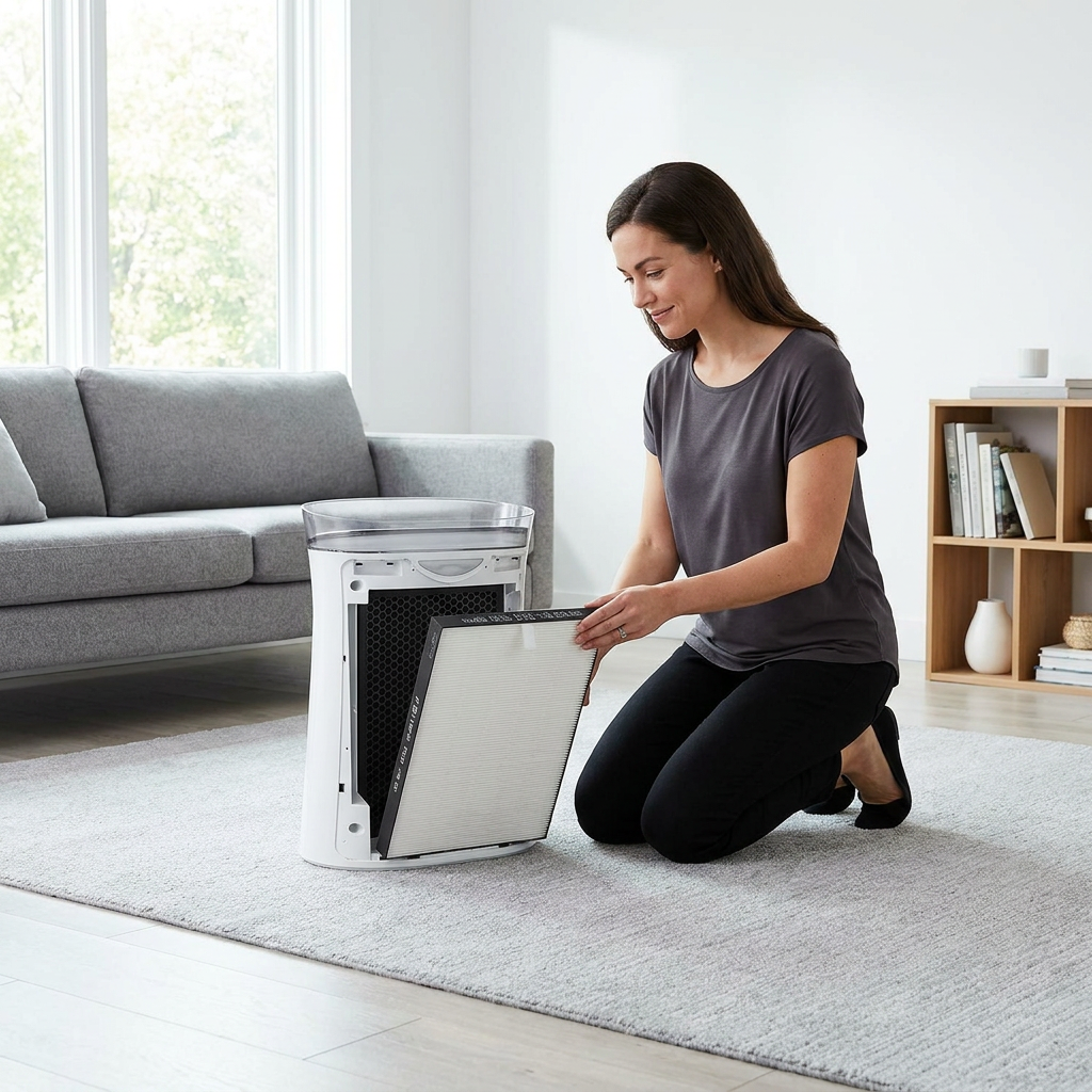 A woman in a gray t-shirt and black pants kneels on a light gray rug, inserting a Sharp FZK50HFU True HEPA Replacement Filter into a white air purifier housing. The scene is a bright, minimalist living room with natural light from a window, a gray sofa, and wooden shelving. The environment is clean and trusted, aligning with the brand guide.