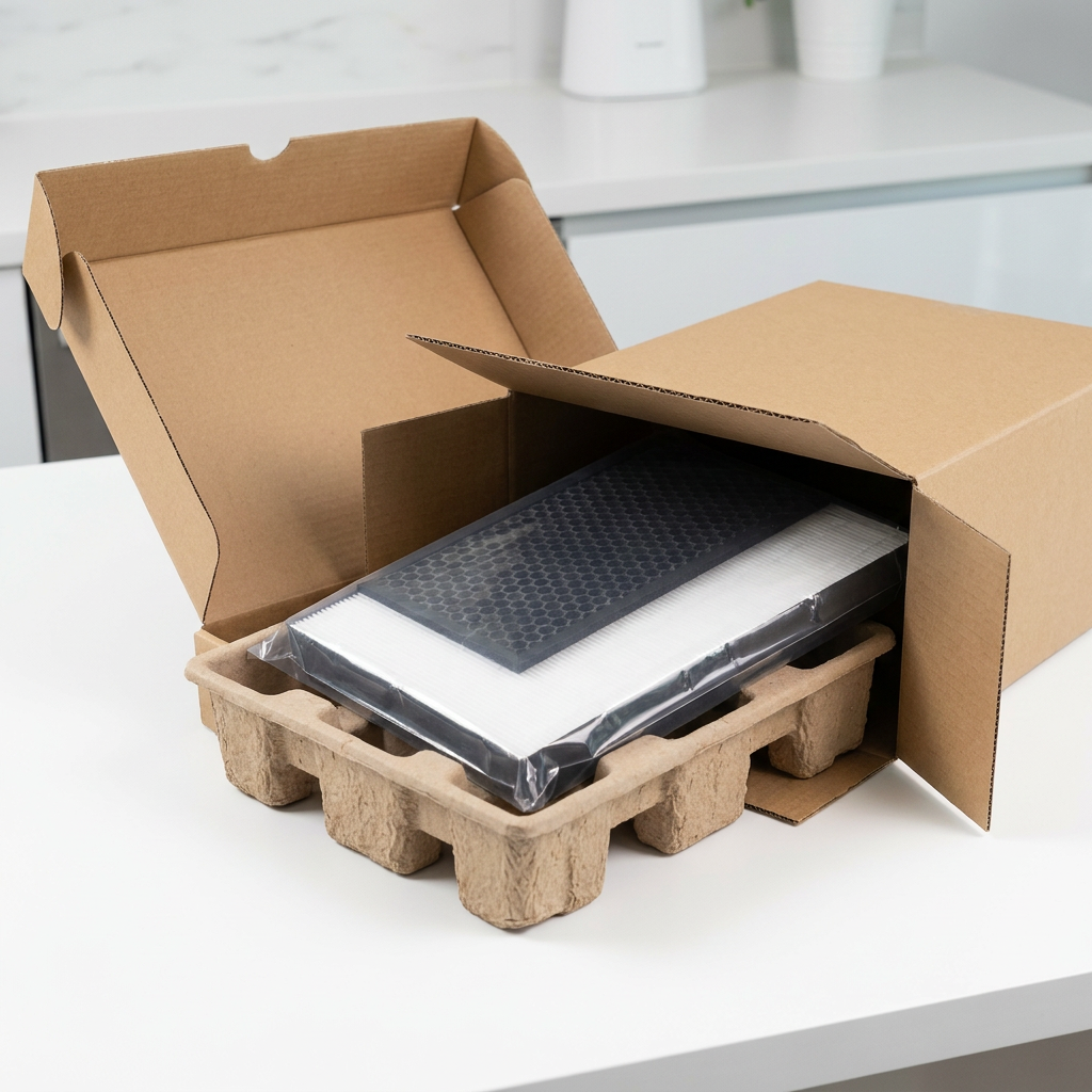The Sharp FZK50HFU True HEPA and carbon filter kit is shown inside a secure molded pulp tray, packed within a sturdy brown cardboard shipping box on a clean white surface, demonstrating protective packaging.