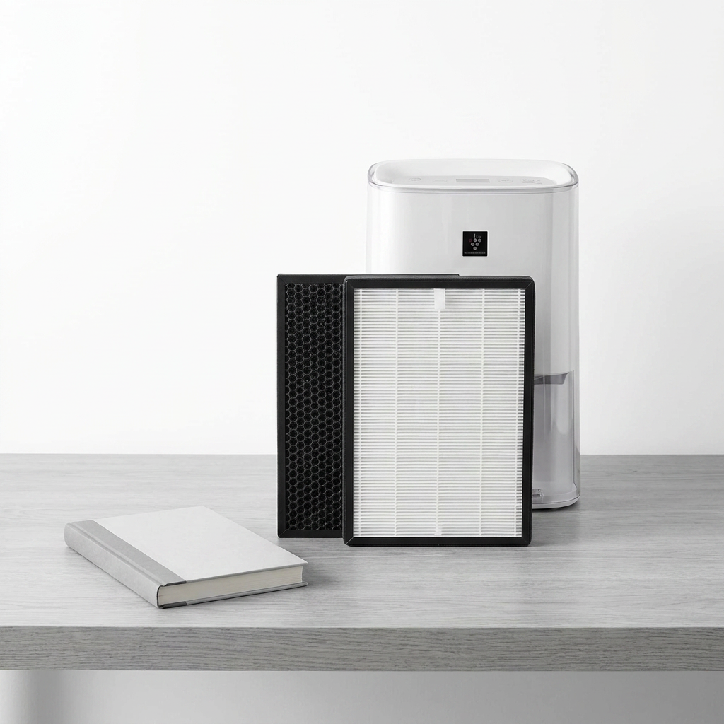 Sharp FZK50HFU filter kit and purifier alongside a standard book for size comparison on a minimalist desk.