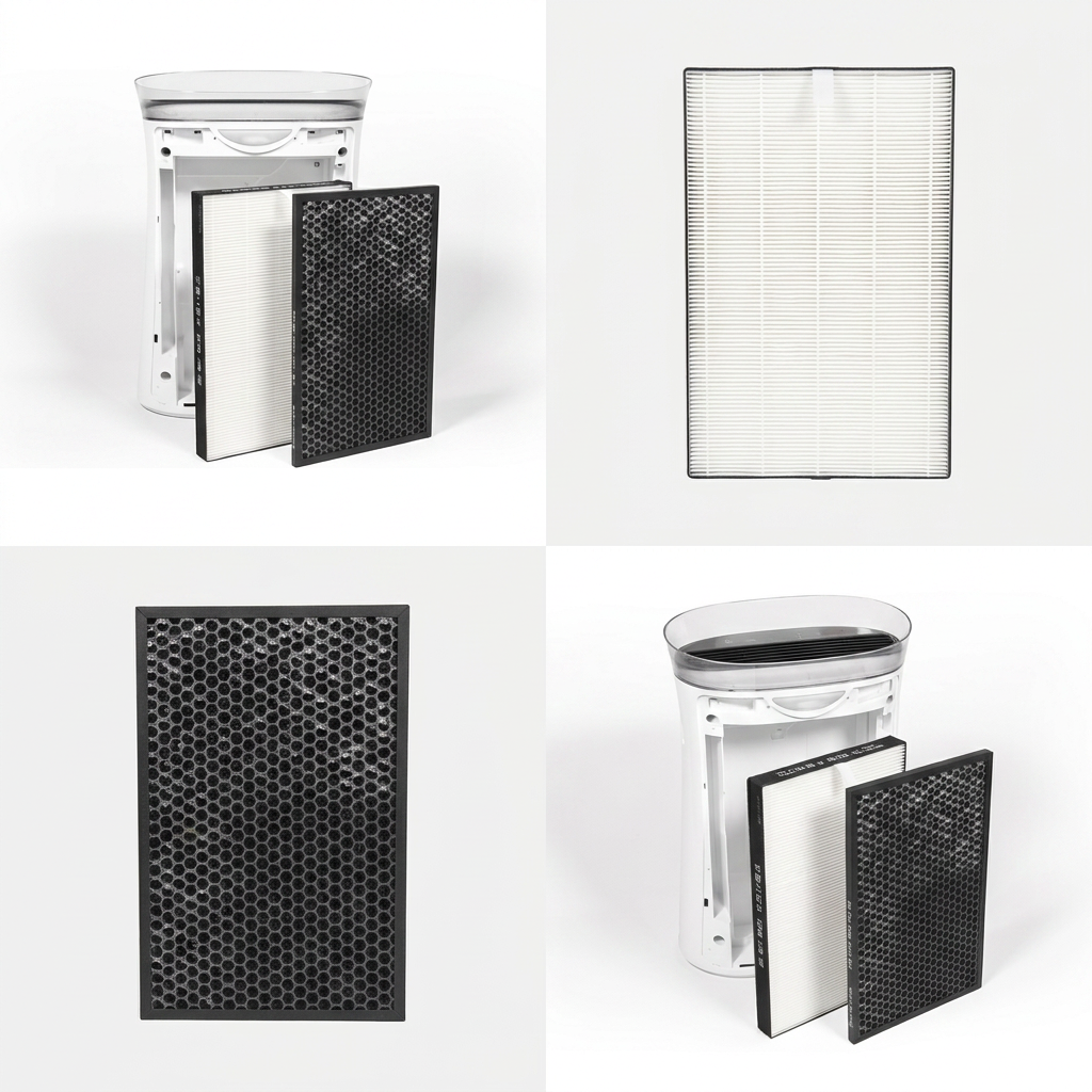 A four-panel grid image showing the Sharp FZK50HFU True HEPA Replacement Filter Kit from different perspectives. The top-left and bottom-right panels show the complete kit with the purifier body and both filters. The top-right panel is an external view of the white HEPA filter, while the bottom-left panel details the black honeycomb carbon filter. The entire layout has a clean, minimalist aesthetic with a white and light gray background.