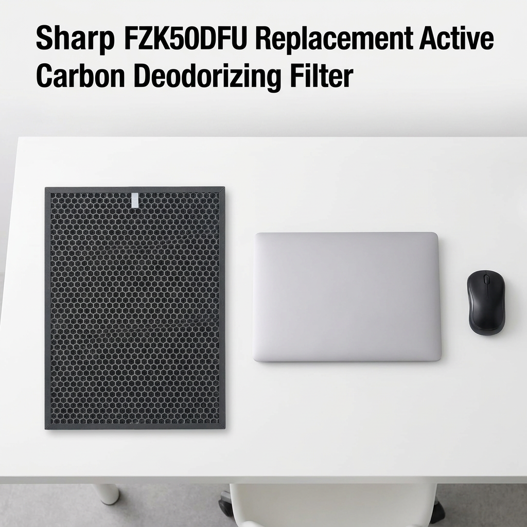 A top-down photograph shows the black Sharp FZK50DFU carbon filter next to a laptop and mouse on a white desk, illustrating its large size.