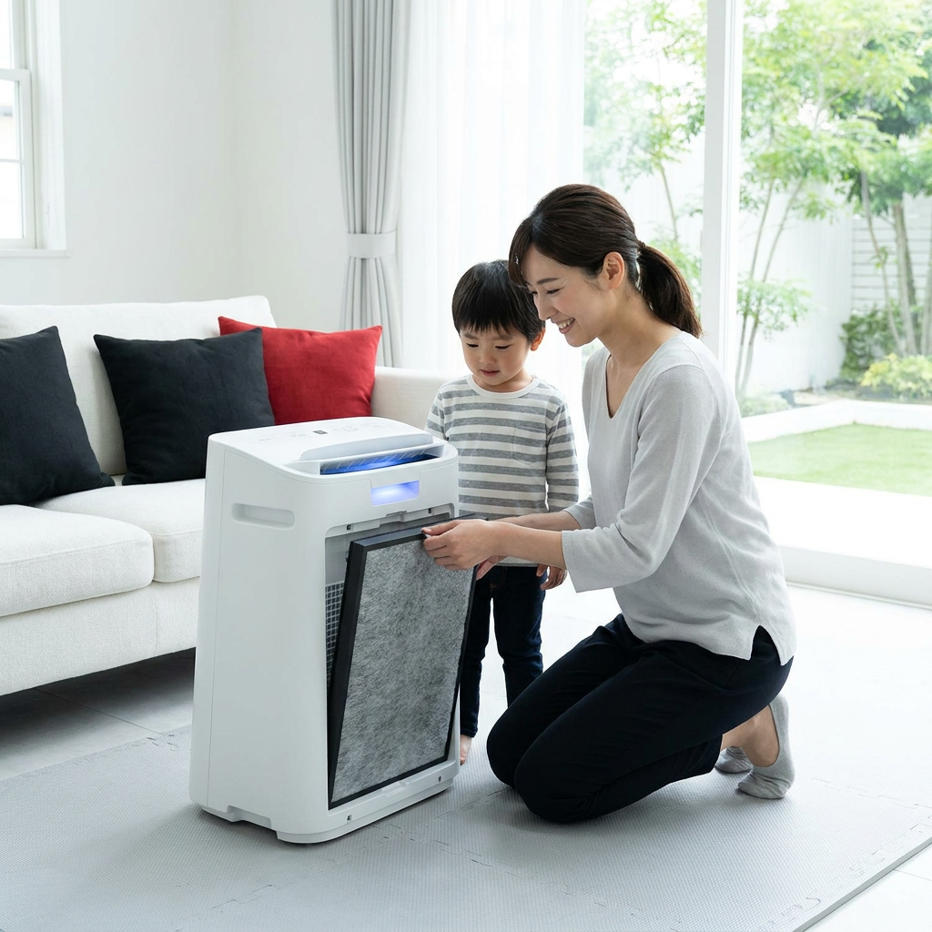 A mother and child in a sunlit living room. The mother is kneeling and replacing the carbon filter of a white Sharp FPK50UW air purifier, while her son watches. The room has white furniture, black and red pillows, and a large window with a garden view, reflecting the brand's clean, modern aesthetic.