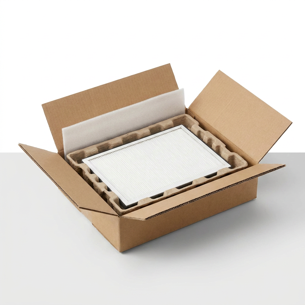 A SHARP FZA28HFU HEPA filter, as seen in the product image, is securely packed in an open cardboard shipping box. The filter is nestled in a custom molded pulp tray with a piece of foam padding above it, demonstrating premium, protective packaging for safe delivery. The unboxing is set against a minimalist white and light gray background.