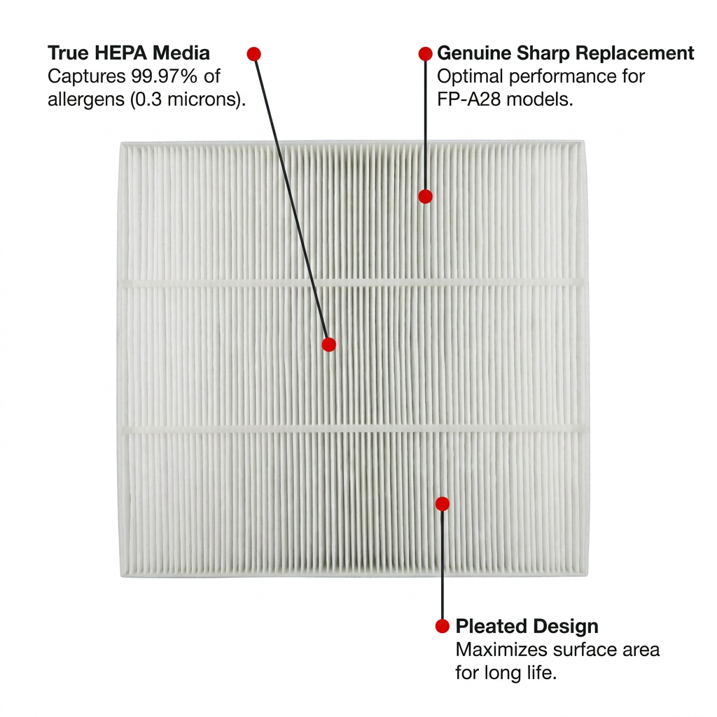 A clean product feature graphic for the Sharp FZA28HFU HEPA Filter, showing the white filter with red-accented pointer lines highlighting its True HEPA media, genuine replacement status, and pleated design for maximum surface area.