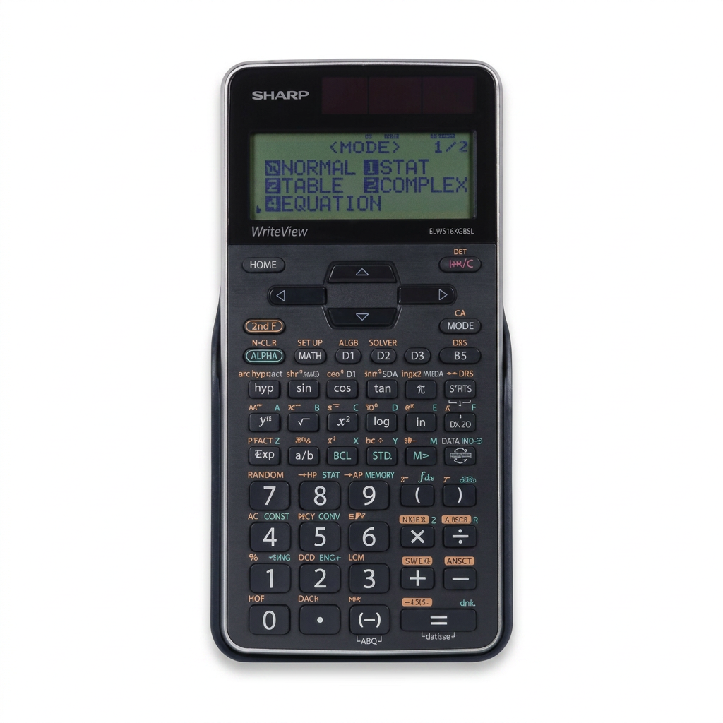 A high-resolution e-commerce hero shot of the Sharp ELW516XGBSL 4-line scientific calculator. The device, with its silver body, black buttons, and green screen displaying menu options, is centered on a pure white background with a soft drop shadow, free of any props or text.