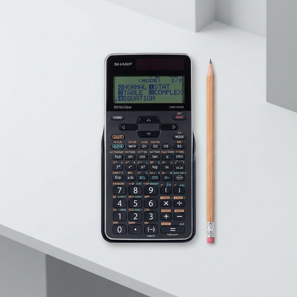 A top-down photograph of the SHARP ELW516XGBSL scientific calculator next to a standard wooden pencil on a clean, minimalist desk for scale.
