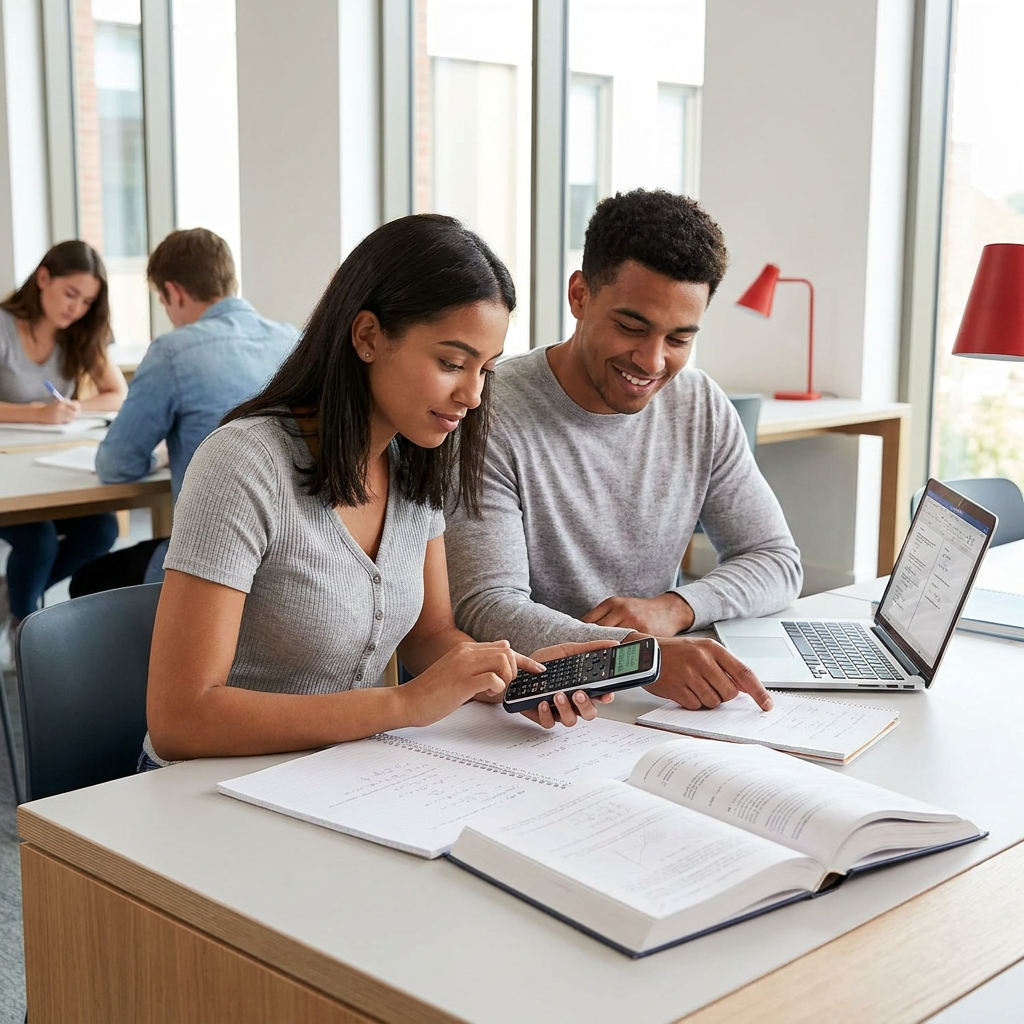 A photograph shows a female student using the SHARP ELW516XGBSL scientific calculator in a modern, brightly lit university study area. She is collaborating with a male student at a light wood desk surrounded by textbooks, notebooks, and other students.