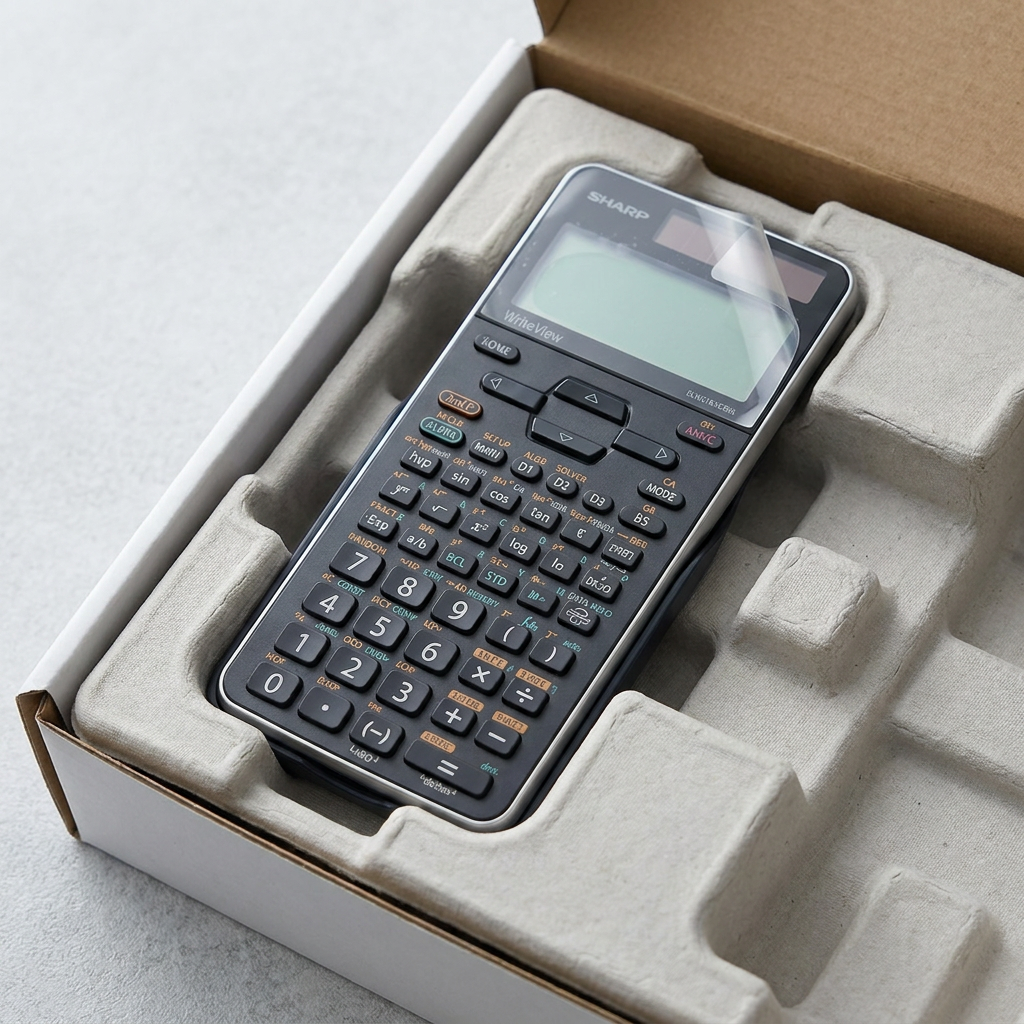 A close-up photograph of the SHARP Scientific Calculator EL-W516XGBSL in a secure, molded pulp shipping insert, demonstrating safe delivery and product protection.