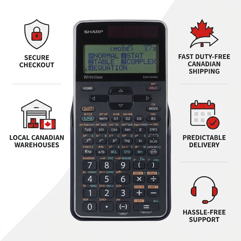 A clean, brand-aligned ecommerce infographic shows the SHARP ELW516XGBSL calculator at the center. Surrounding it are five trust icons with text: "SECURE CHECKOUT" with a padlock shield, "FAST DUTY-FREE CANADIAN SHIPPING" with a maple leaf and arrow, "LOCAL CANADIAN WAREHOUSES" with a building and Canadian flag, "PREDICTABLE DELIVERY" with a calendar, and "HASSLE-FREE SUPPORT" with a headset. All elements use the specified black, white, and red color scheme.