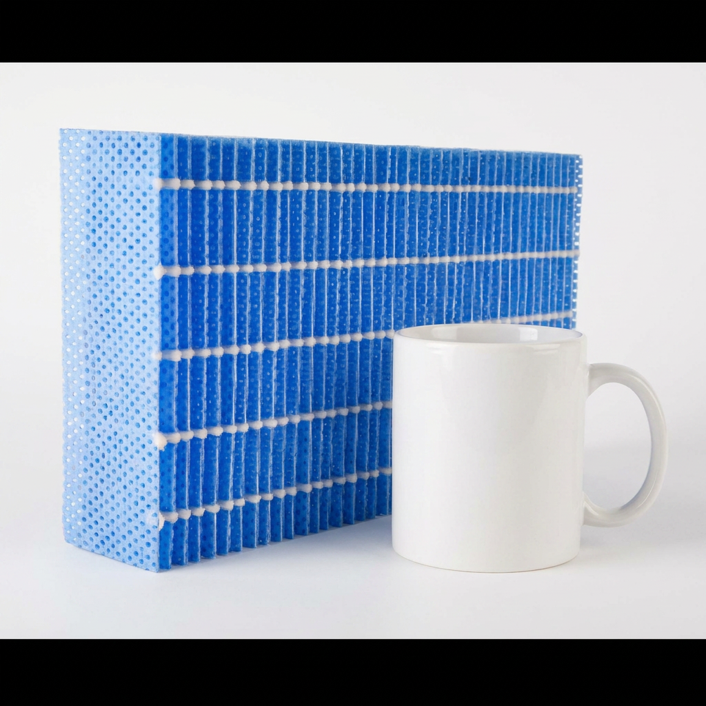 A blue and white SHARP FZP11MFU replacement humidifier filter stands beside a standard white coffee mug for scale.