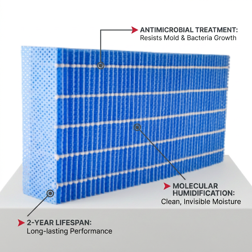 A white background visual matrix image of the blue Sharp FZP11MFU humidifying filter on a light gray podium. Three clean pointer lines with red accents and dark text callouts highlight its key features: "ANTIMICROBIAL TREATMENT: Resists Mold & Bacteria Growth", "MOLECULAR HUMIDIFICATION: Clean, Invisible Moisture", and "2-YEAR LIFESPAN: Long-lasting Performance".