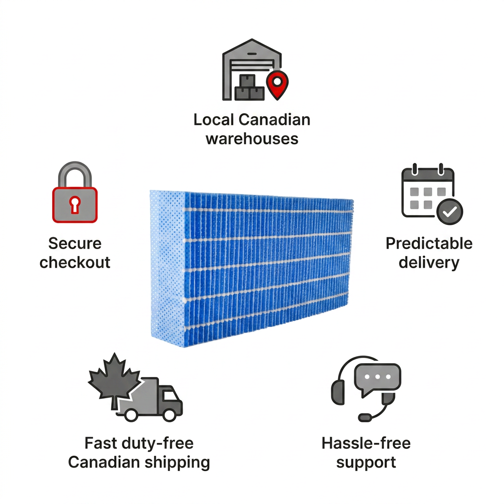 A clean and trustworthy ecommerce infographic featuring the SHARP FZP11MFU Replacement Humidifying Filter at its center. Surrounding the filter are five minimalist, icon-based trust cues with red accents and dark gray text: "Secure checkout", "Local Canadian warehouses", "Predictable delivery", "Fast duty-free Canadian shipping", and "Hassle-free support". The background is pure white.