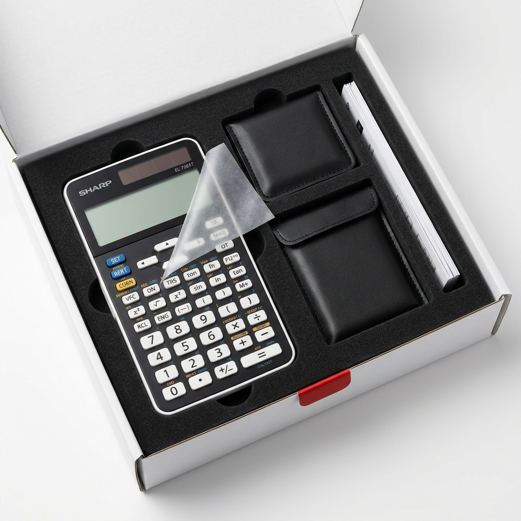 A detailed unboxing view of the Sharp EL738XT Financial Calculator within a white box with custom black foam inserts, showing the device, its case, and manual.