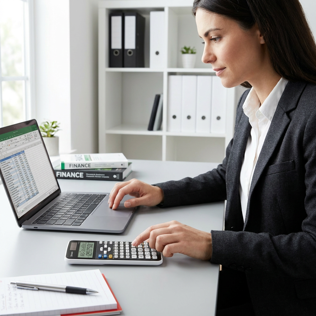 A business professional in a dark blazer uses the Sharp EL738XT Financial Calculator at a desk with a laptop, finance books, and a red-accented notebook. The setting is a clean, naturally lit office.