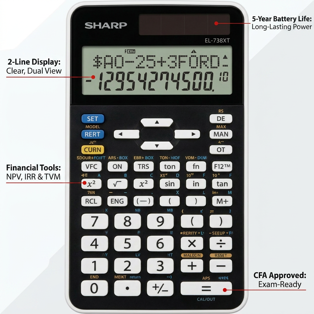 The Sharp EL738XT calculator is shown with pointer lines pointing to key features: a 2-line display, financial tools like NPV and IRR, a 5-year battery, and its CFA approval.