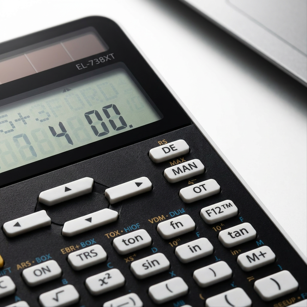 A close-up view of the Sharp EL738XT financial calculator, showing the textured black body, white keys, and detailed LCD screen with numbers.