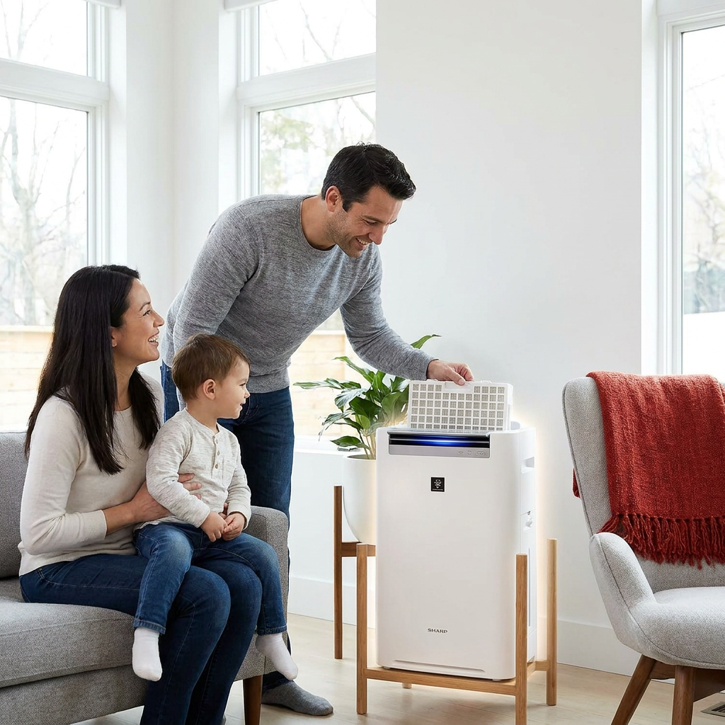A lifestyle photo showing a family interacting with a Sharp air purifier, placing the FZC100MFU humidifying filter into the unit.