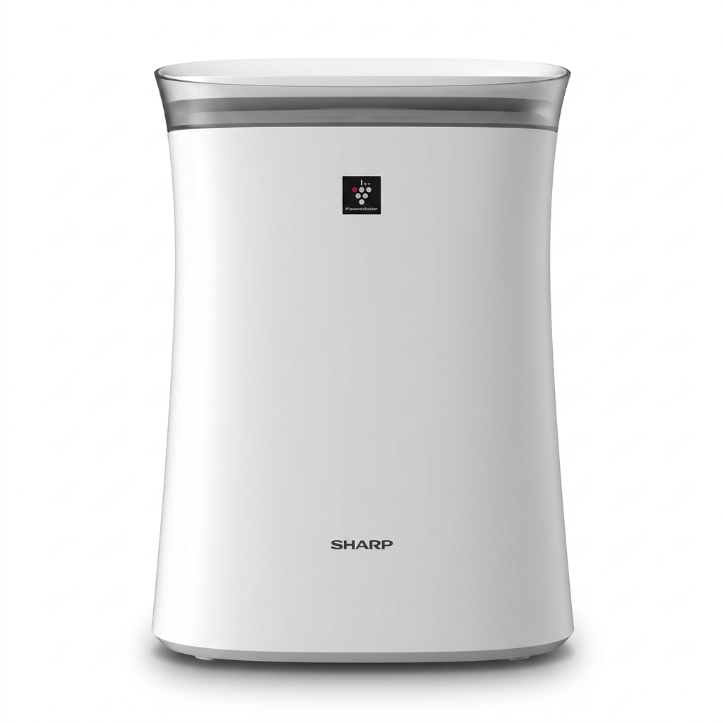 A high-resolution hero shot of the white SHARP FPK50UW Plasmacluster Ion Air Purifier on a pure white background, showing its front with the Sharp and Plasmacluster logos.