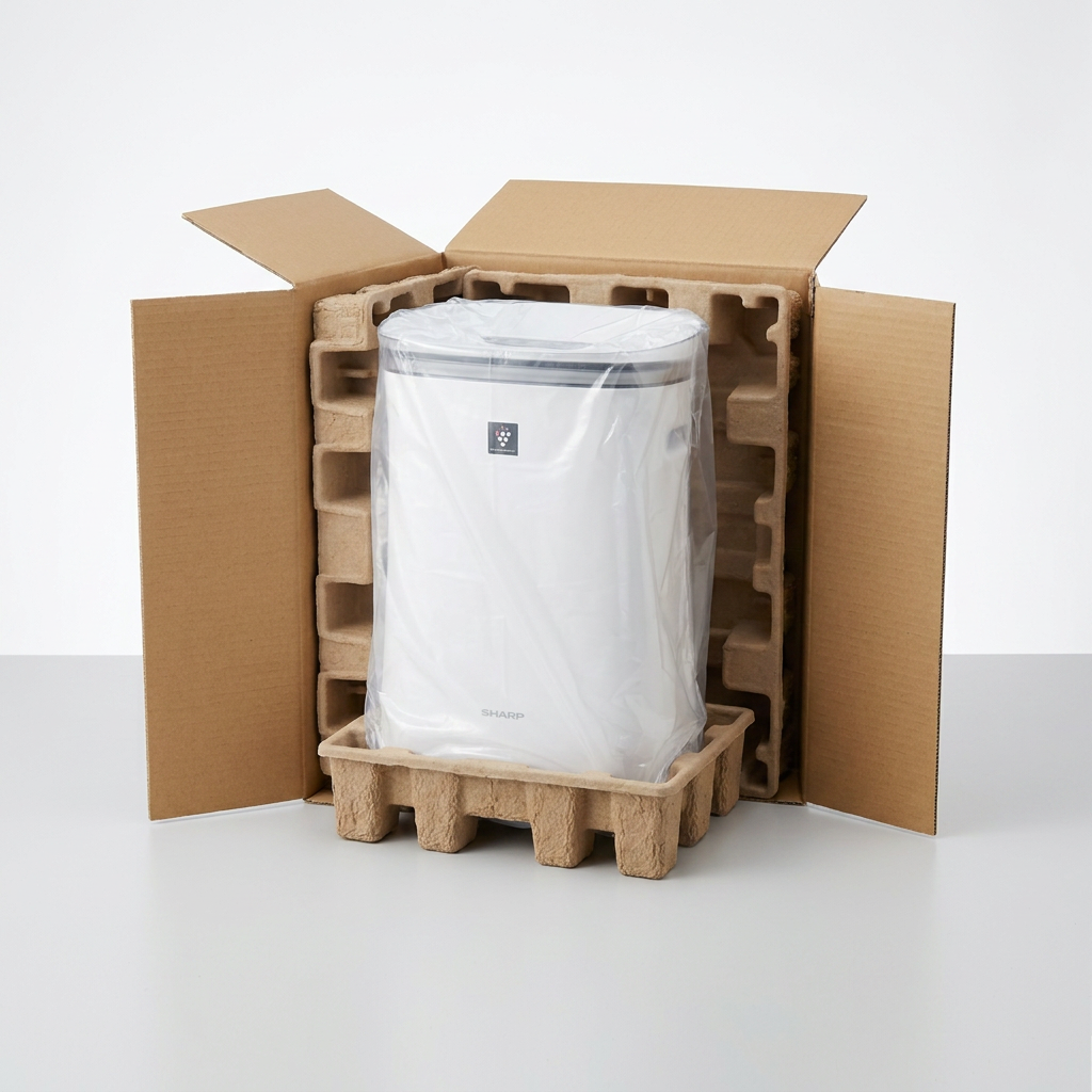 A Sharp FPK50UW air purifier is shown securely packed in protective cardboard molding and a plastic bag, emerging from a shipping box.