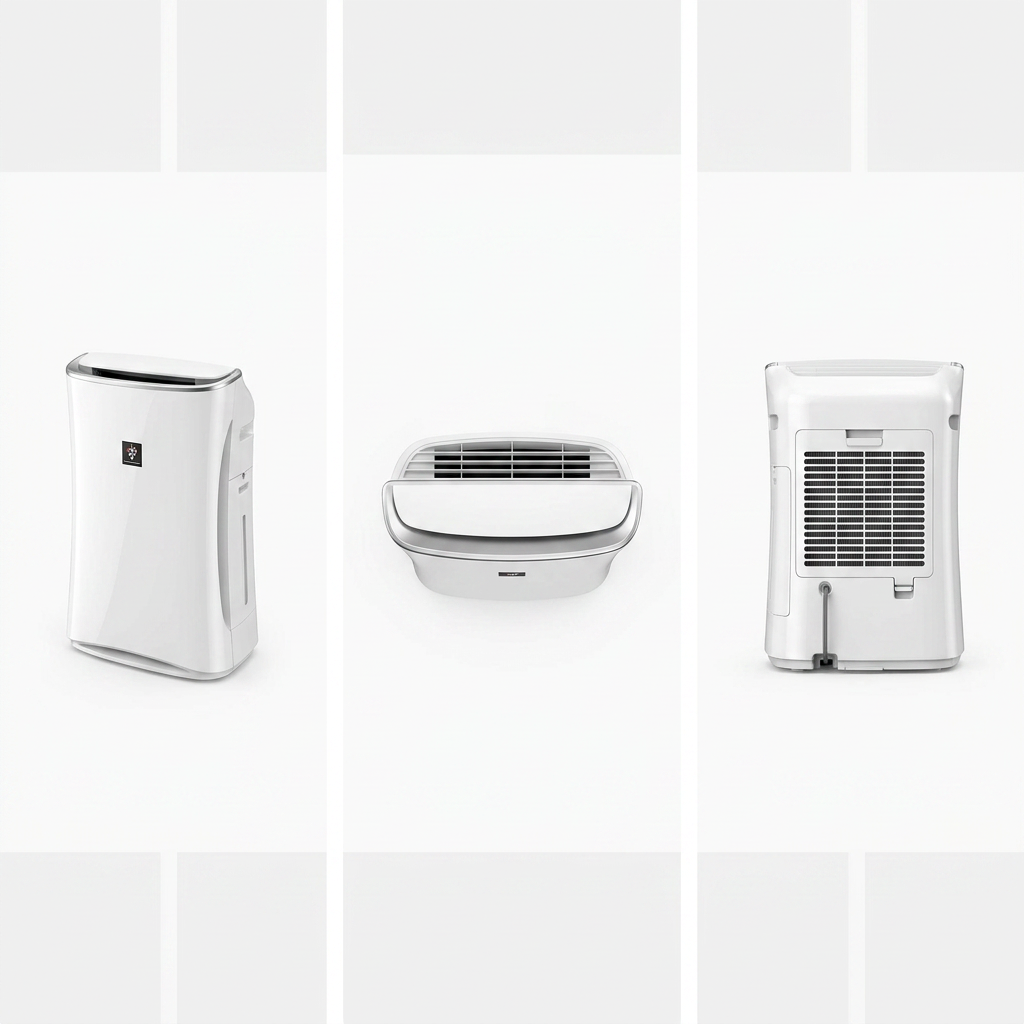 A three-panel matrix shows the Sharp FPK50UW air purifier. The left panel features an angled side view, the middle panel a direct top-down view, and the right panel a back view, all in a clean, white and light gray grid environment.