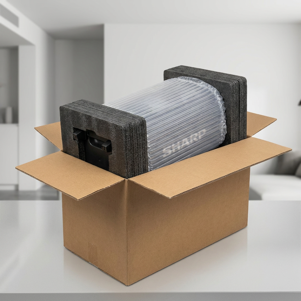 A premium unboxing scene shows the Sharp PS-935 Party Speaker within a cardboard shipping box, securely encased in dense foam padding and a protective air cushion, highlighting safe delivery.
