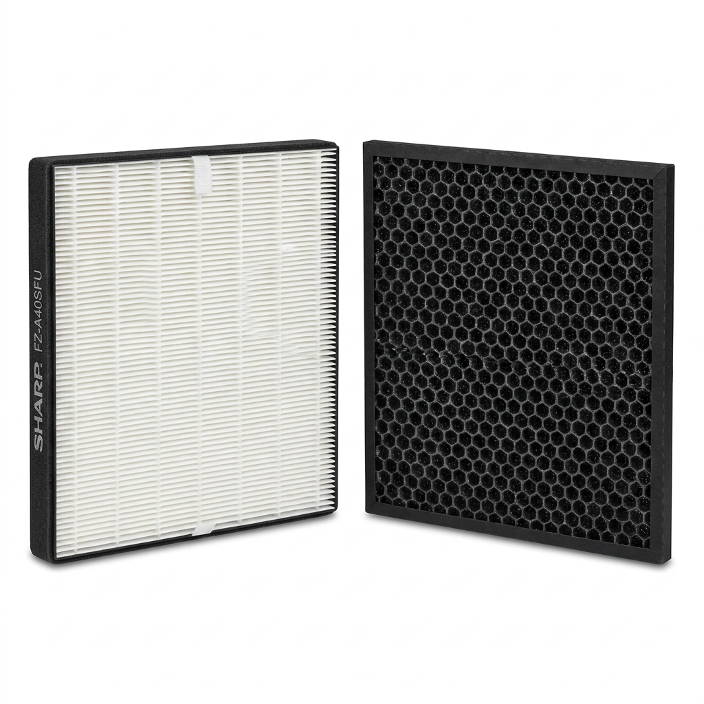 Pure high-resolution hero shot of the SHARP FZA40SFU replacement true HEPA and deodorizing filter kit. The white pleated filter with the SHARP FZ-A40SFU text and the black honeycomb deodorizing filter are centered on a pure white background with clean shadows.