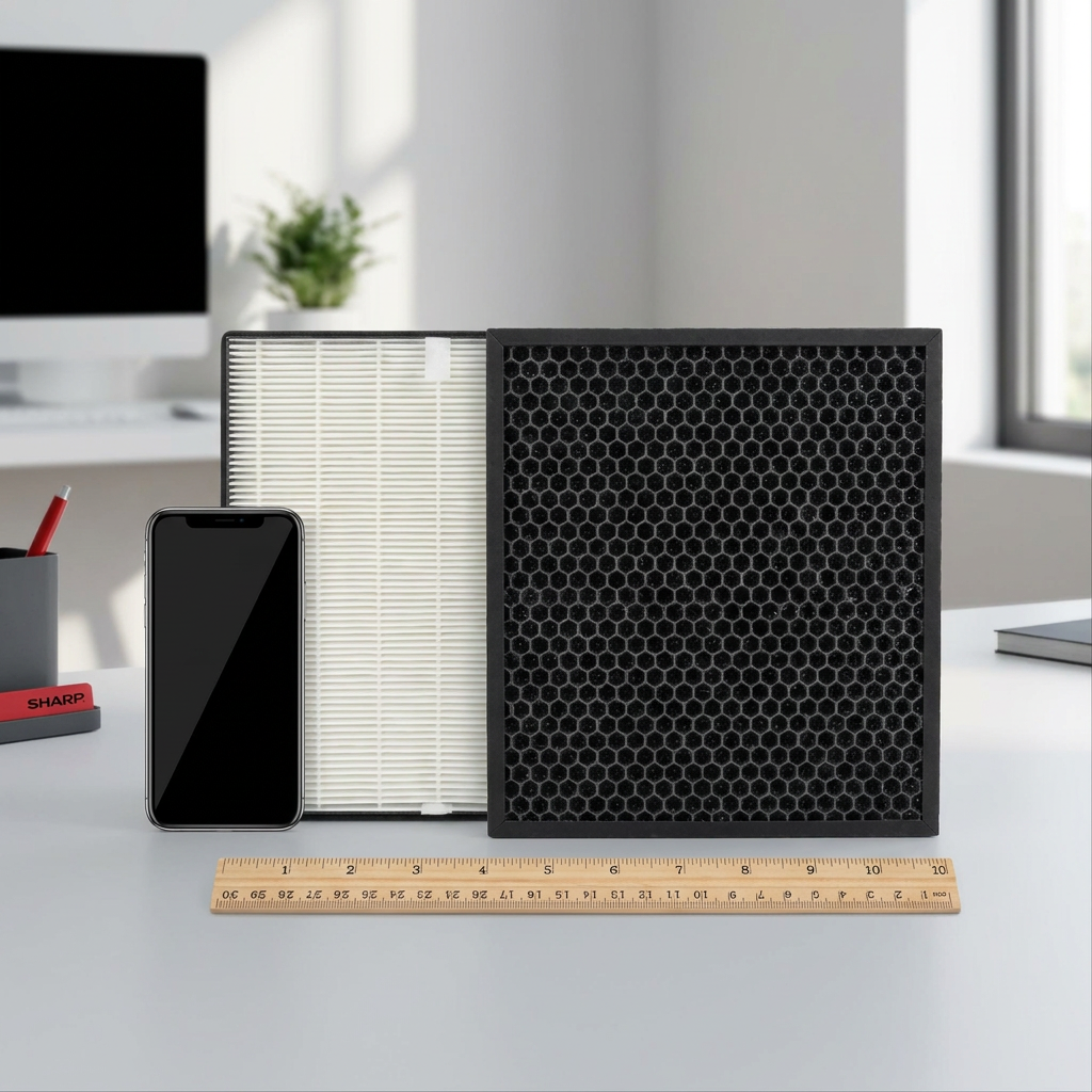 A photorealistic image showing the Sharp FZA40SFU replacement filter kit next to a smartphone and a ruler for scale. The white HEPA filter and black honeycomb activated carbon filter are upright on a clean desk. A Sharp-branded pencil holder with red accents is visible in the background.