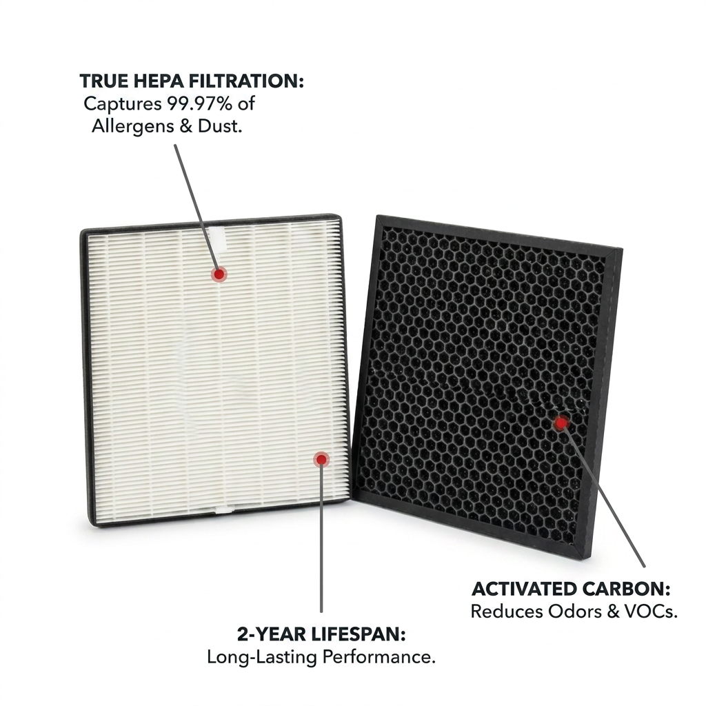 A feature callout graphic displays the Sharp FZA40SFU filter kit on a white background. The True HEPA filter is on the left, with a red-tipped pointer to a label reading "TRUE HEPA FILTRATION: Captures 99.97% of Allergens & Dust." The activated carbon filter is on the right, with a pointer to "ACTIVATED CARBON: Reduces Odors & VOCs." A third pointer at the bottom leads to "2-YEAR LIFESPAN: Long-Lasting Performance."