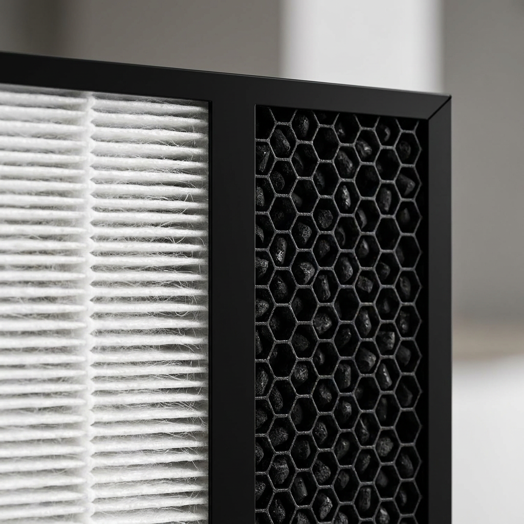 A detailed close-up photograph of the SHARP FZA40SFU filter kit, showing the textures of the white HEPA pleated material and the black honeycomb structure filled with activated carbon pellets.