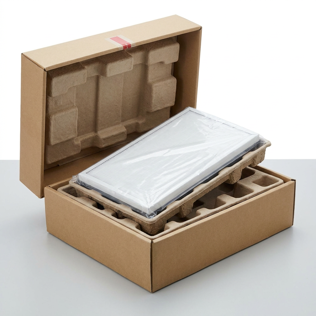 A photograph showing the SHARP FZC150DFU filter securely packed in a molded pulp insert within a sturdy cardboard shipping box, with a plastic sleeve for added protection.
