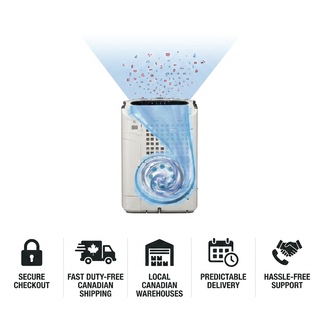 A trust and authority infographic for a Sharp air purifier and filter, featuring the product image with five icon-style visual trust cues below it: secure checkout, fast duty-free Canadian shipping, local Canadian warehouses, predictable delivery, and hassle-free support.