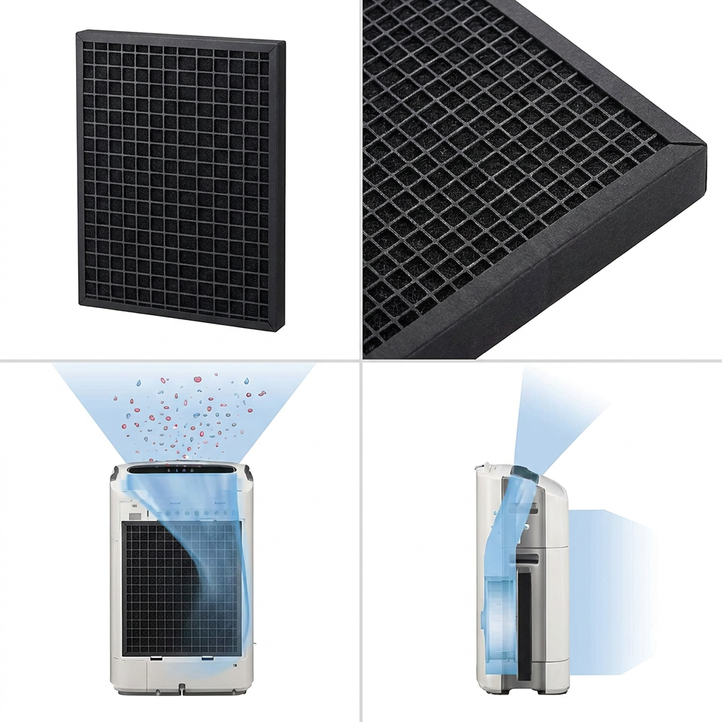 Four-panel matrix showing the Sharp FZC150DFU Active Carbon Replacement Filter. Top row shows the isolated filter and a close-up of its carbon structure. Bottom row shows the filter within the air purifier unit from front and side views, illustrating airflow.