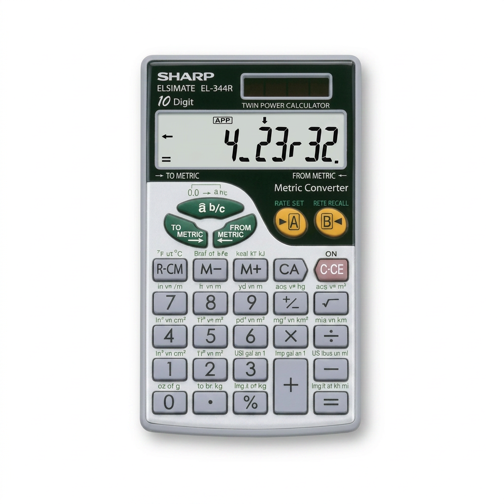 A high-resolution studio hero shot of the Sharp EL344R Metric Converter calculator on a pure white background.