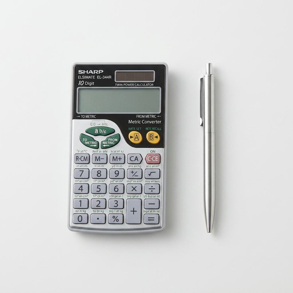 A top-down photograph of the Sharp EL344R calculator next to a silver pen for scale on a white background.
