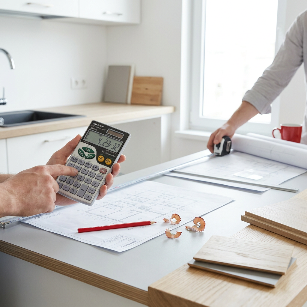 A person's hands use the Sharp EL344R calculator for construction measurements, showing digital conversions in a bright, modern kitchen renovation scene.
