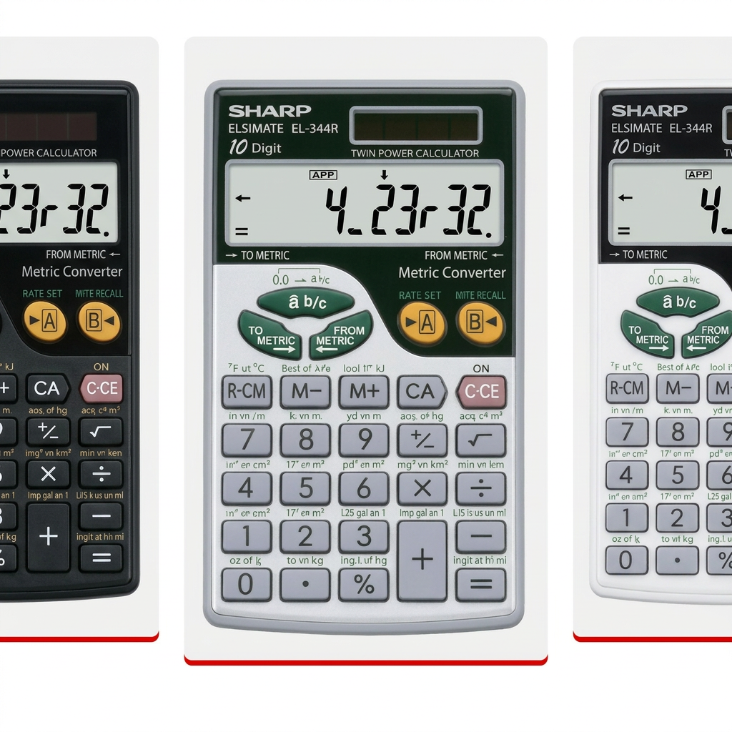 A premium ecommerce grid displaying three Sharp EL344R calculators in black, silver, and white variants, aligned with the Shopify brand palette.