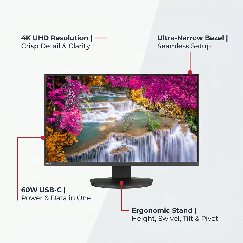 The image shows the SHARP EA271U-BK monitor with operational feature callouts on a white and light gray background. Red pointers with text labels indicate: "4K UHD Resolution | Crisp Detail & Clarity", "Ultra-Narrow Bezel | Seamless Setup", "60W USB-C | Power & Data in One", and "Ergonomic Stand | Height, Swivel, Tilt & Pivot". The display screen shows the pink foliage and waterfall image.