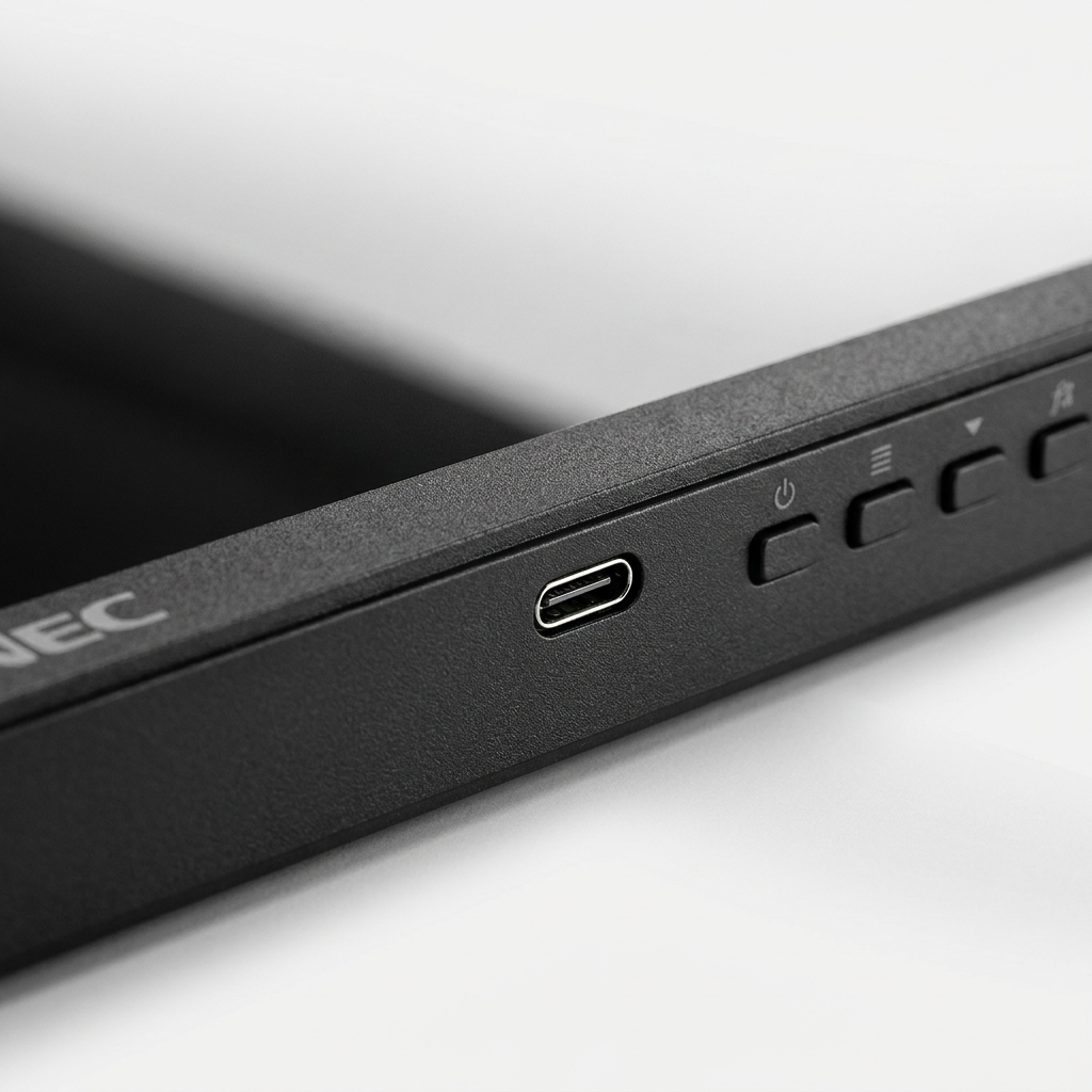 Close-up macro view of the USB-C port and control buttons on the lower bezel of the SHARP/NEC EA271U-BK monitor.