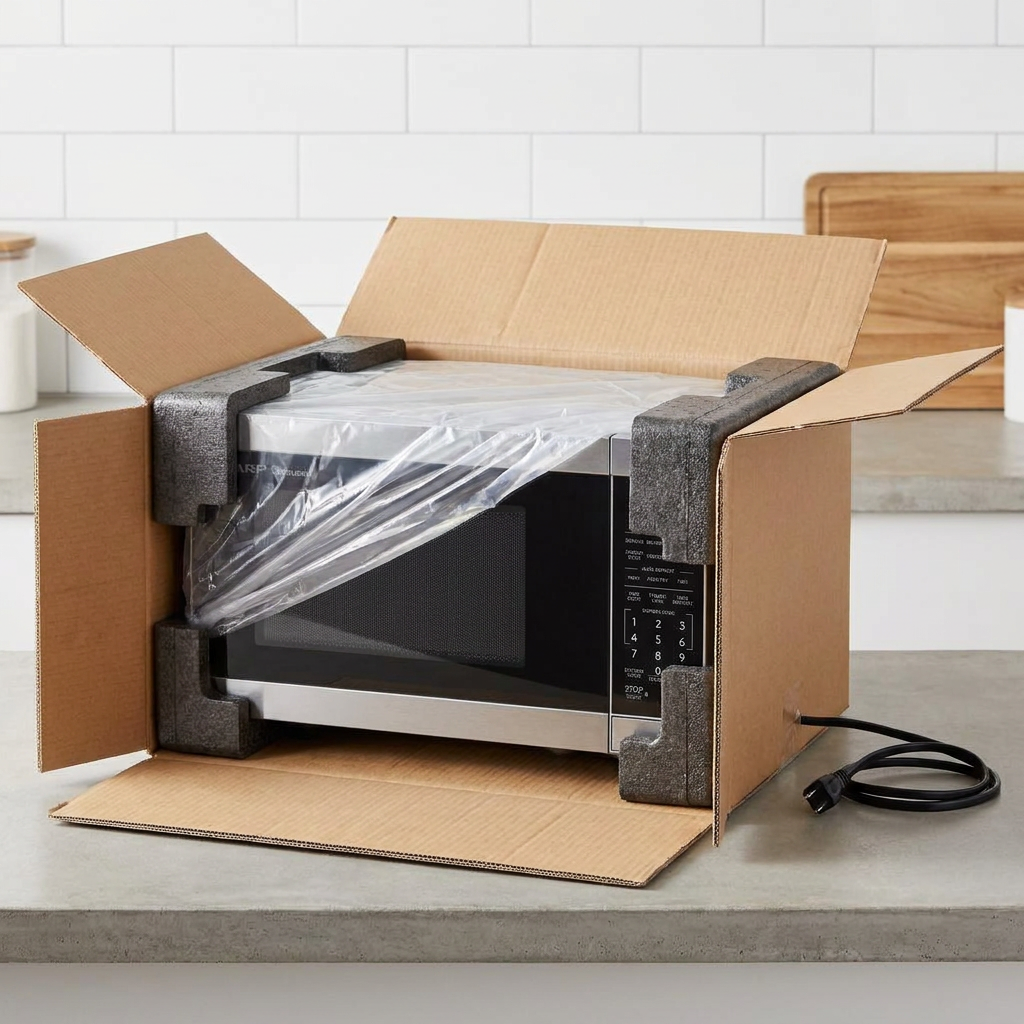 The Sharp SMC0962KSC microwave, encased in plastic and protective foam inside its cardboard shipping box, sits on a kitchen counter.