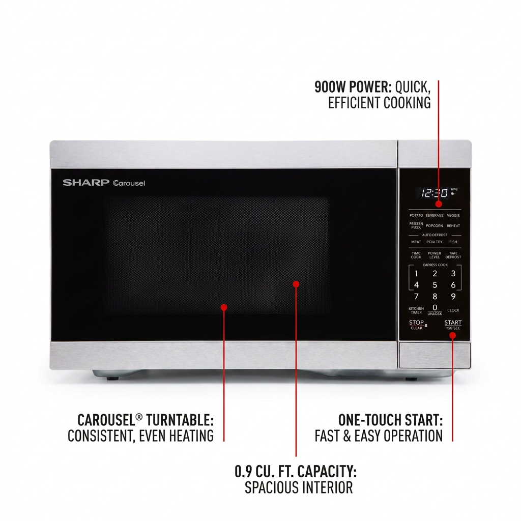 A feature graphic for the Sharp SMC0962KSC microwave, highlighting its 900W power for quick cooking, one-touch start for easy operation, 0.9 cu. ft. capacity, and Carousel® turntable for even heating.