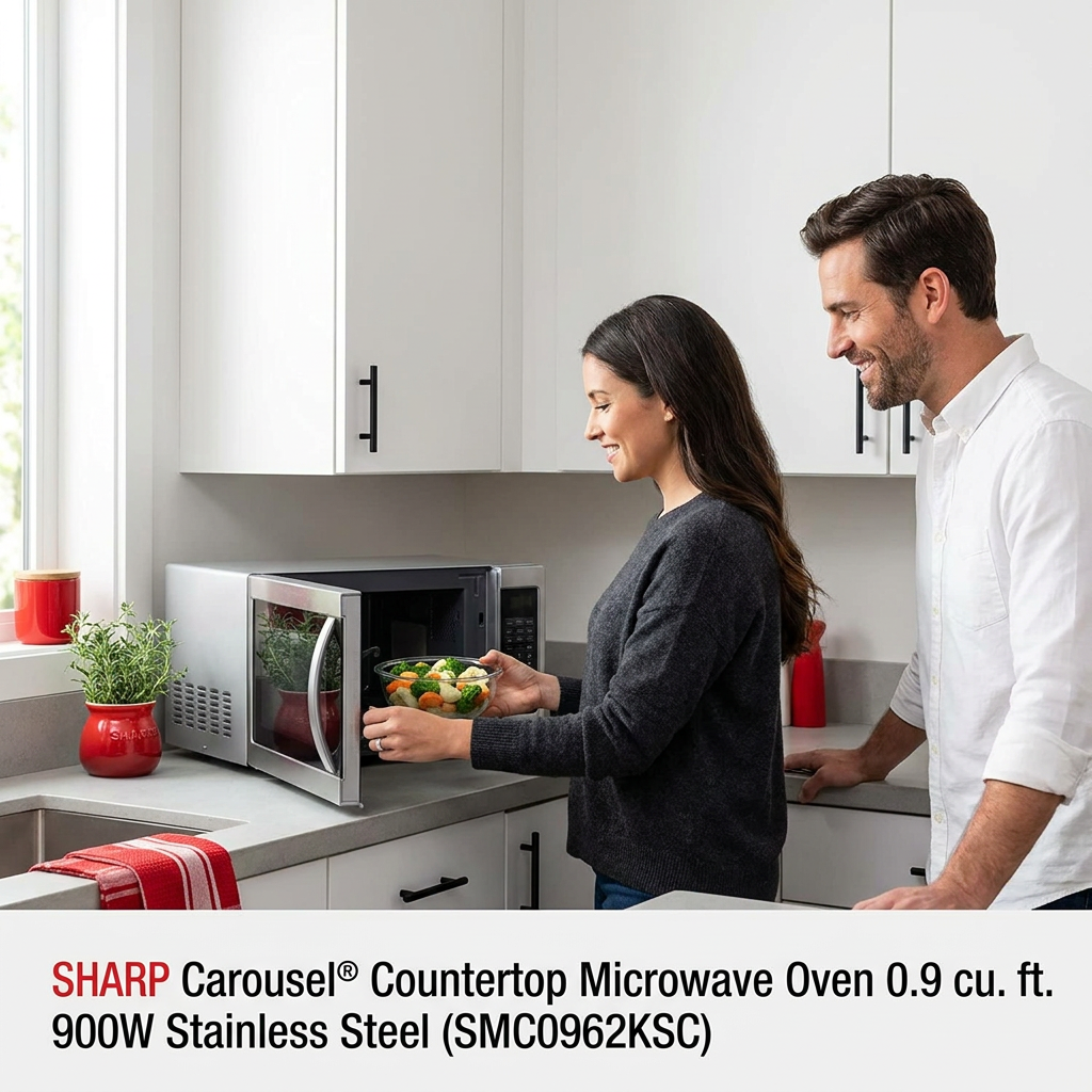 A lifestyle photo shows a couple in a modern kitchen. The woman, smiling, is taking a glass bowl of vegetables out of the stainless steel Sharp Carousel microwave. The man stands beside her, looking on. The kitchen features white cabinets, black handles, a light gray countertop, and red accents in the form of a dish towel and pots. Natural light streams in from a window on the left. The scene is clean, warm, and natural.