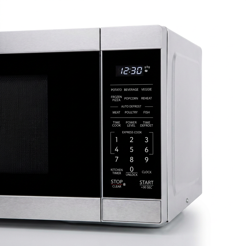 A detailed close-up of the SHARP microwave control panel, highlighting the digital display and various cooking functions, including sensor presets and express cook options.