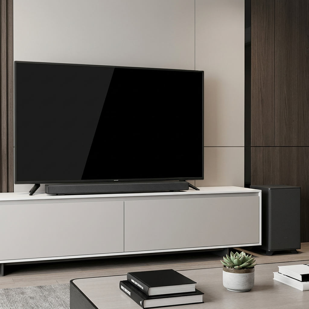 A SHARP HT-SBW53121 soundbar and subwoofer set in a modern living room, placed on a media console below a large television to show its realistic size and scale within a home environment.