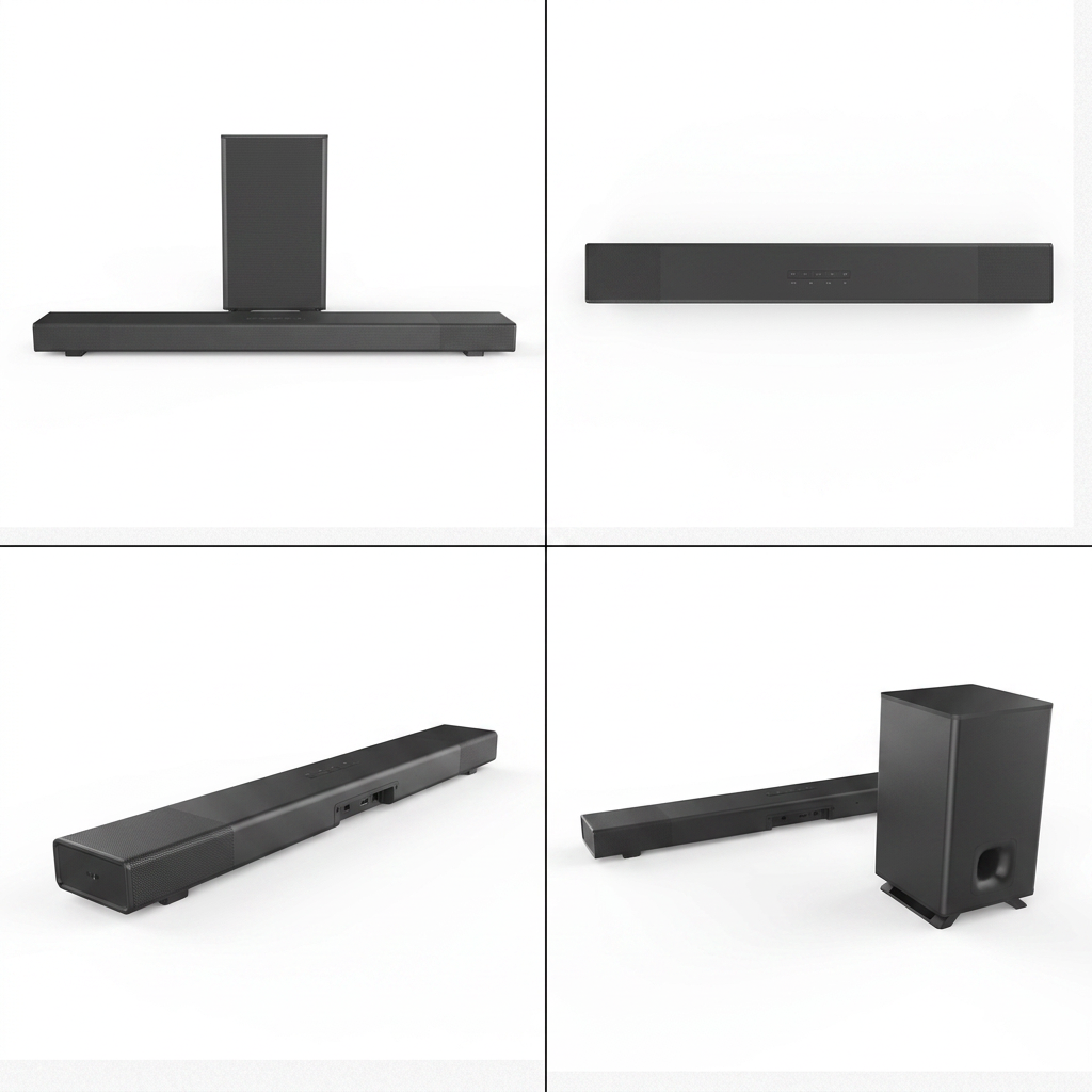 A four-panel visual matrix showcasing the Sharp HT-SBW53121 Soundbar from multiple angles on a white brand-aligned background.