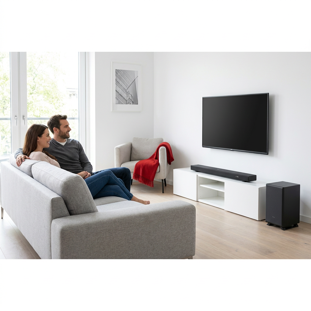 Two people watch TV in a minimalist living room featuring the Sharp HT-SBW53121 soundbar and subwoofer.