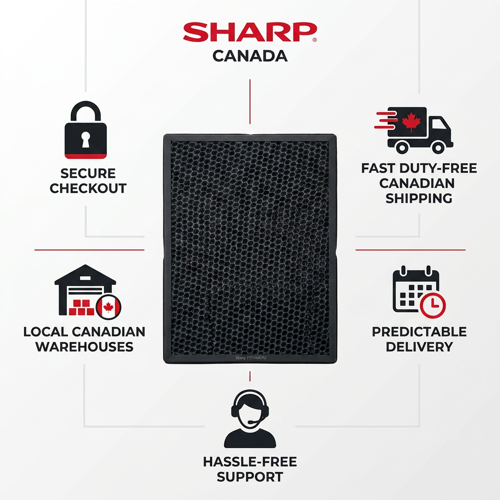 A Sharp Canada branded infographic with the FZF60DFU filter at the center, surrounded by five trust icons linked by red lines: Secure Checkout, Fast Duty-Free Canadian Shipping, Local Canadian Warehouses, Predictable Delivery, and Hassle-Free Support. The background is white with dark gray and red text.