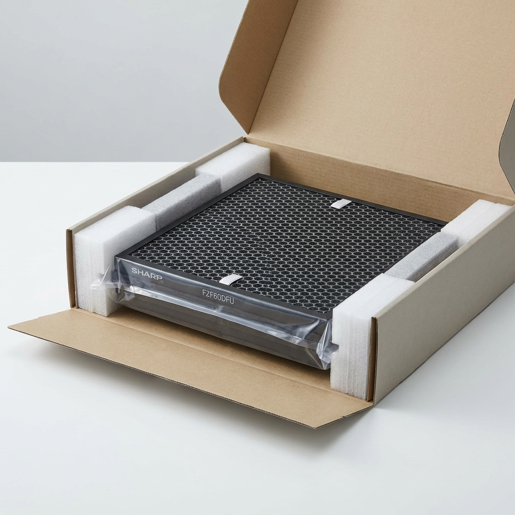 A SHARP FZF60DFU Activated Carbon Filter is securely packaged in foam inserts within a cardboard shipping box.