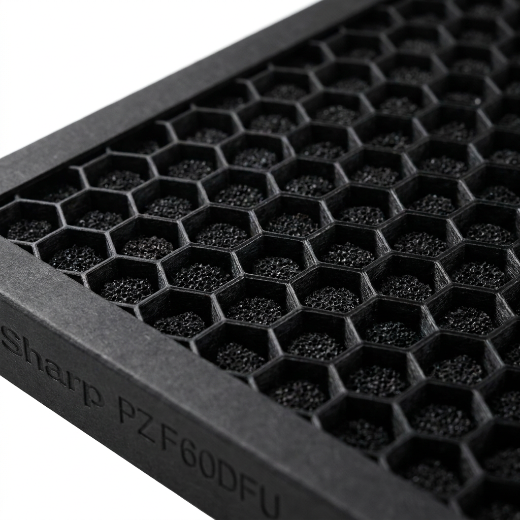 A detailed close-up of the black honeycomb activated carbon filter material and the Sharp model number PZ F60DFU on the frame.