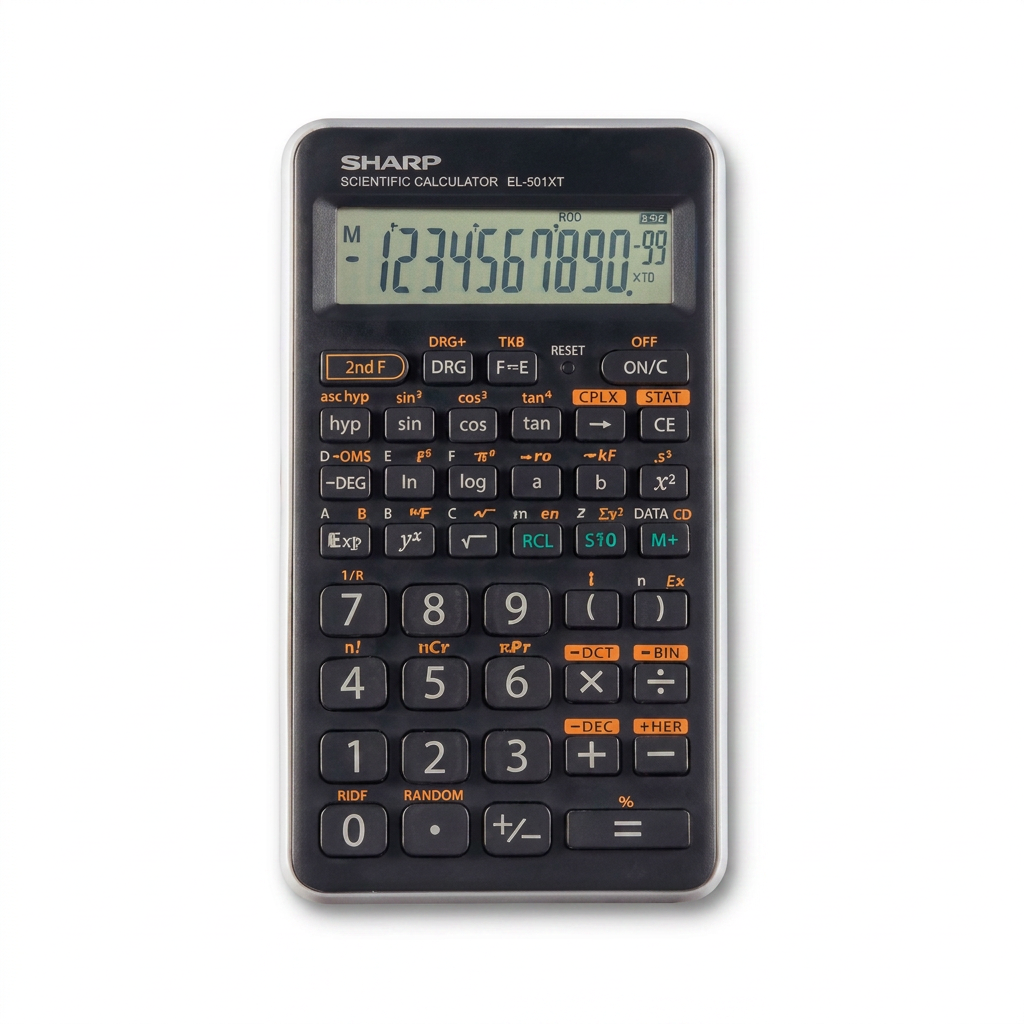 The image is a high-resolution hero shot of the Sharp EL501XTGY scientific calculator, centered on a pure white background. It features a clean, professional studio presentation with precise lighting that highlights the calculator's materials, keys, and LCD screen. The product is shown without any packaging or props, with a natural shadow below, creating a premium ecommerce appearance.